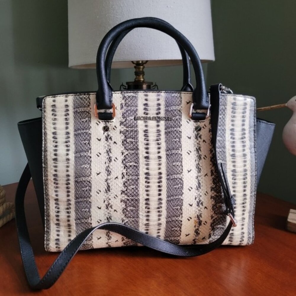 Michael Kors Selma Large Black Cream Python Embossed Leather Satchel Bag
